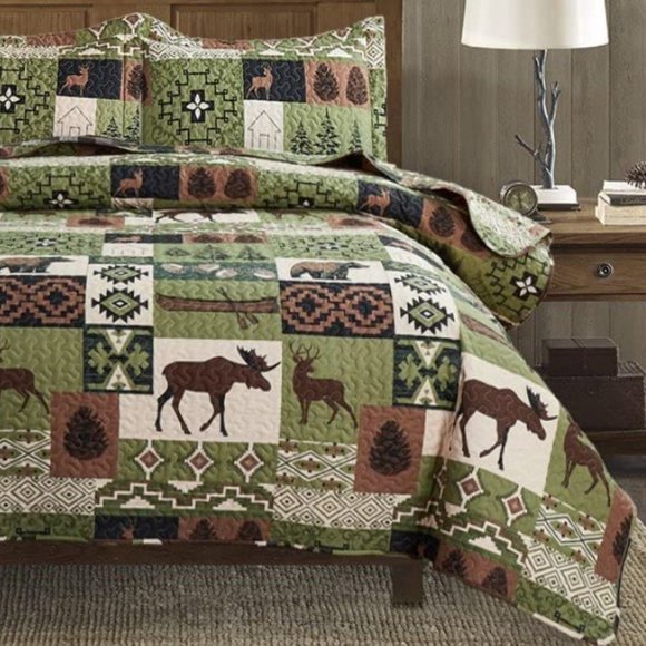 New Lodge Moose & Deer 3-Piece Bedding 100% Polyester Quilt Set • KING - Picture 5 of 7